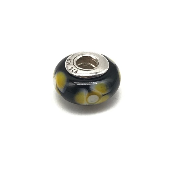 Pandora Black Yellow Flowers Floral Murano Glass Bead Charm - Picture 4 of 4
